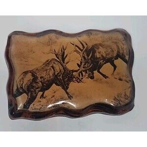 Vintage Wood Elk Belt Buckle Featuring 2 Elk In Battle Polished